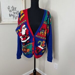 Vintage90s Santa Knit Cardigan Sweater Grandma Santa Nutcracker Multi Color Sz M